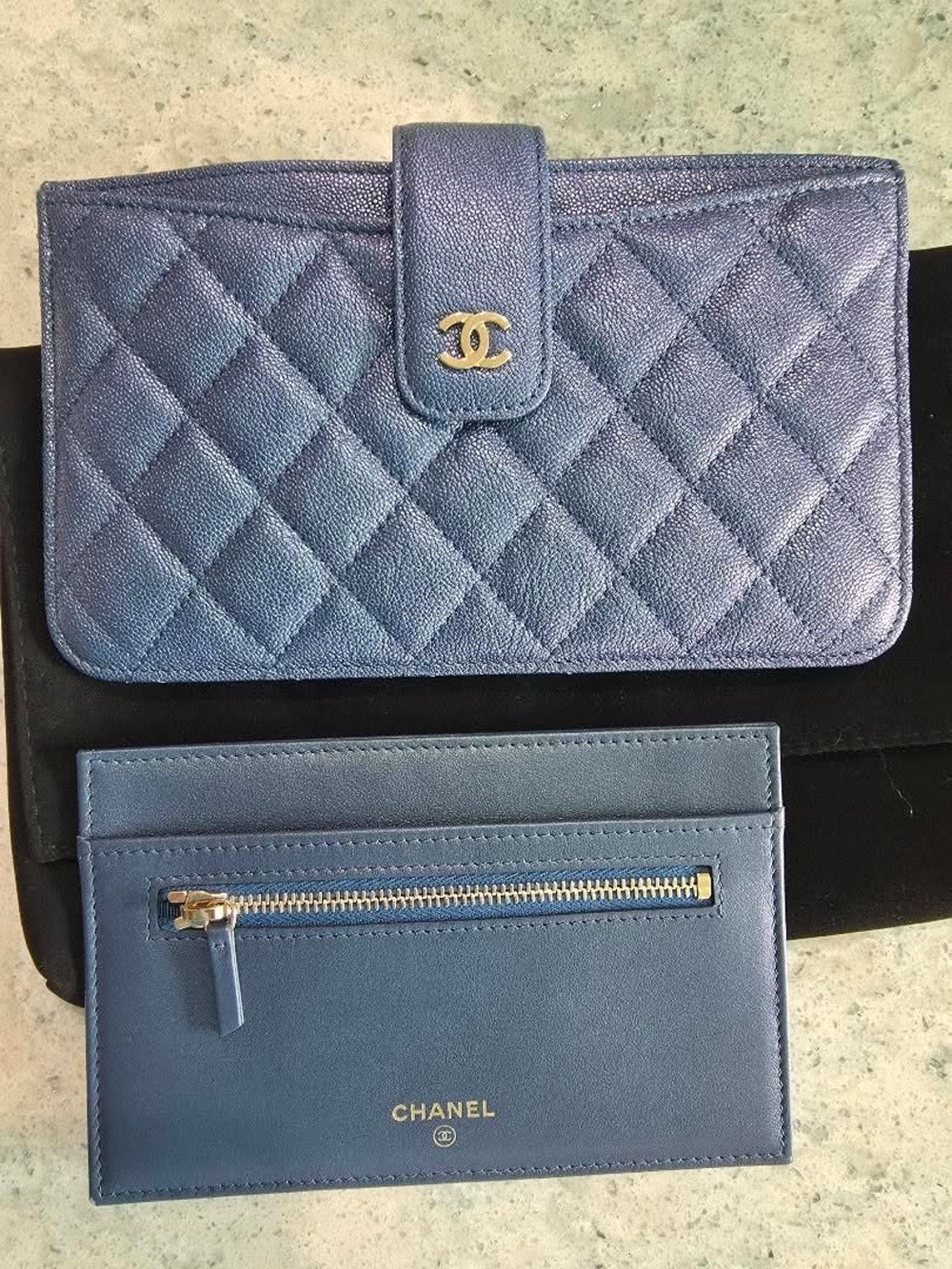 CHANEL Blue Quilted Leather Wallet and Card Holder with Gold Hardware